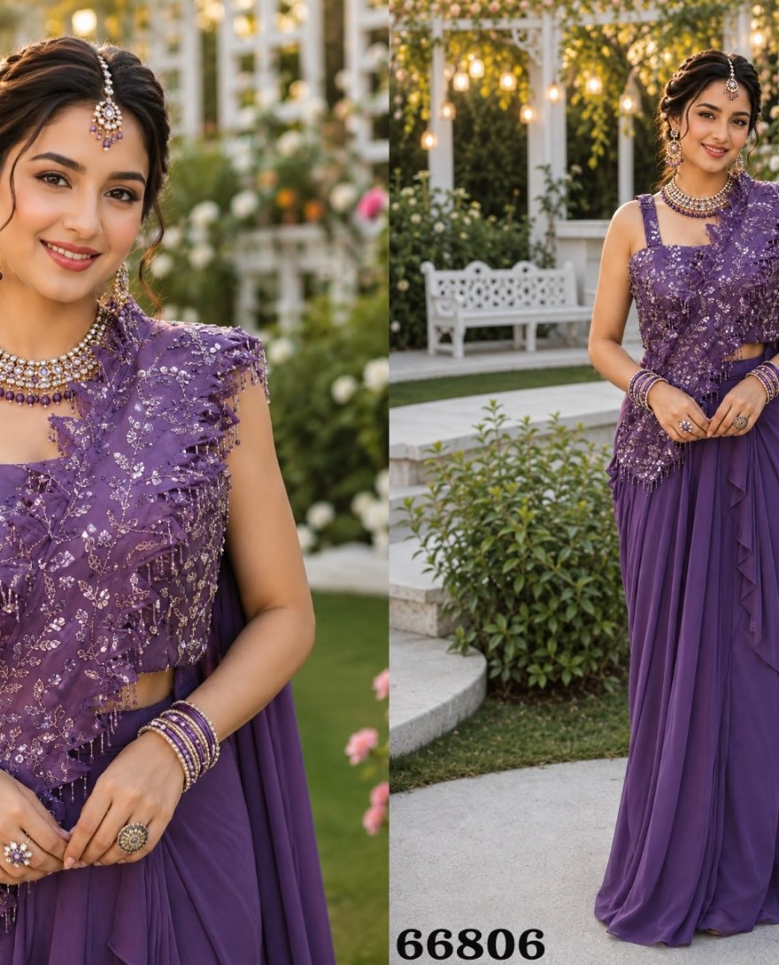 PURPLE - Purple Georgette Classic Sari with Embroidered Work